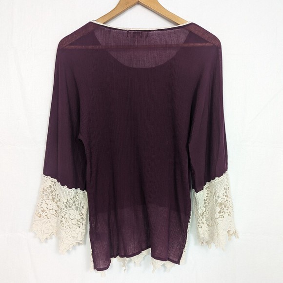 Umgee USA Womens Medium Burgundy Wine Cream Ivory Lace Romantic Boho Tunic Top - Picture 5 of 16